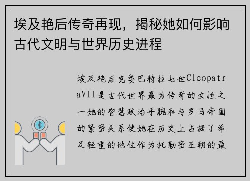埃及艳后传奇再现，揭秘她如何影响古代文明与世界历史进程