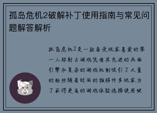 孤岛危机2破解补丁使用指南与常见问题解答解析